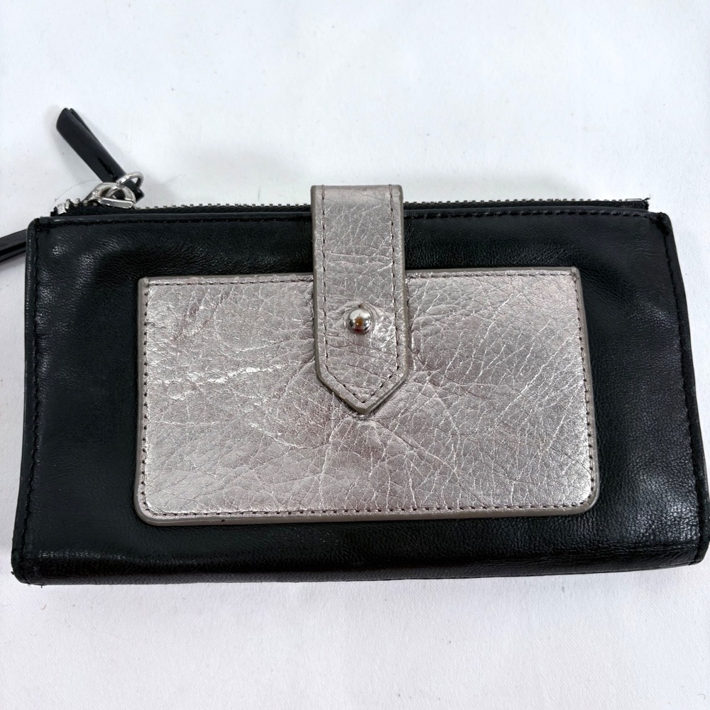 Margot Wallet Black Silver Metallic Leather Bifold Zip Top Card Organizer